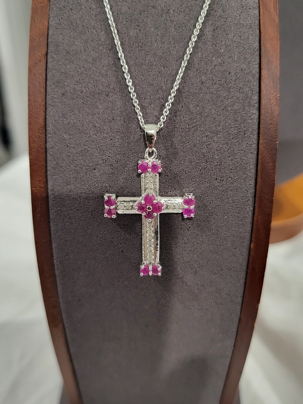 Brand New Silver Cross Pendant Necklace w/ Genuine Ruby And Diamond Gem Accents